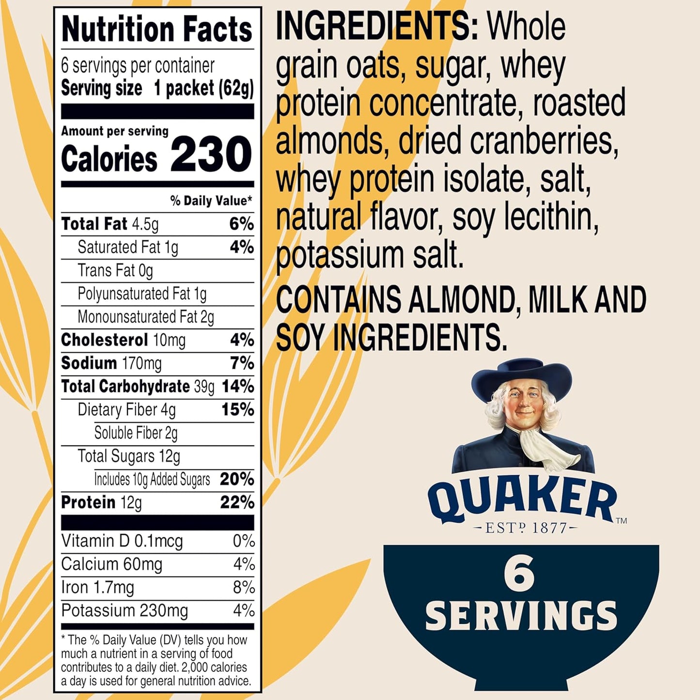 Protein Instant Oatmeal, Cranberry Almond, 12G Protein per Serving (6 Pack)