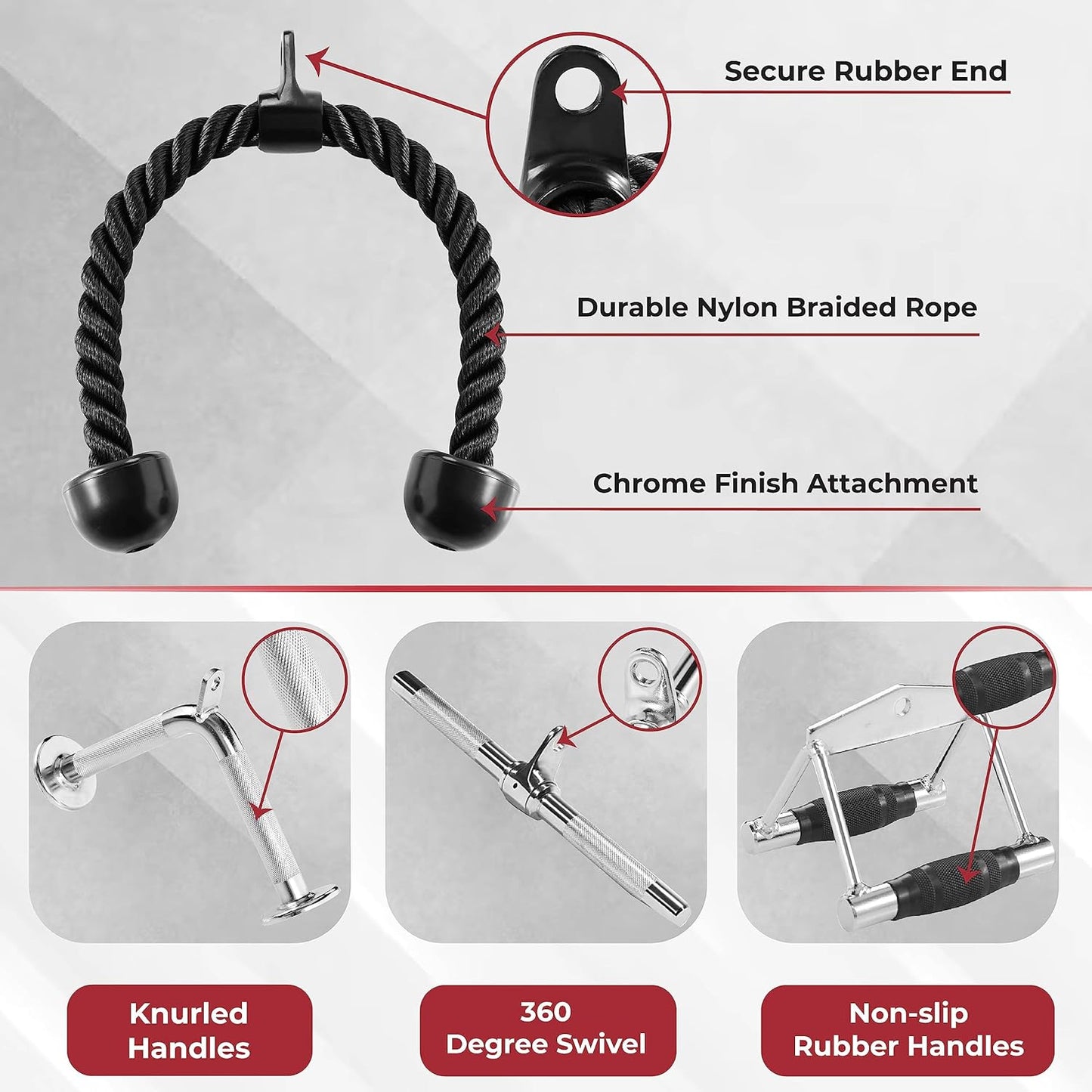 Cable Machine Attachment, Row Handles, Tricep Rope, Straight Bar, V Bar Accessories