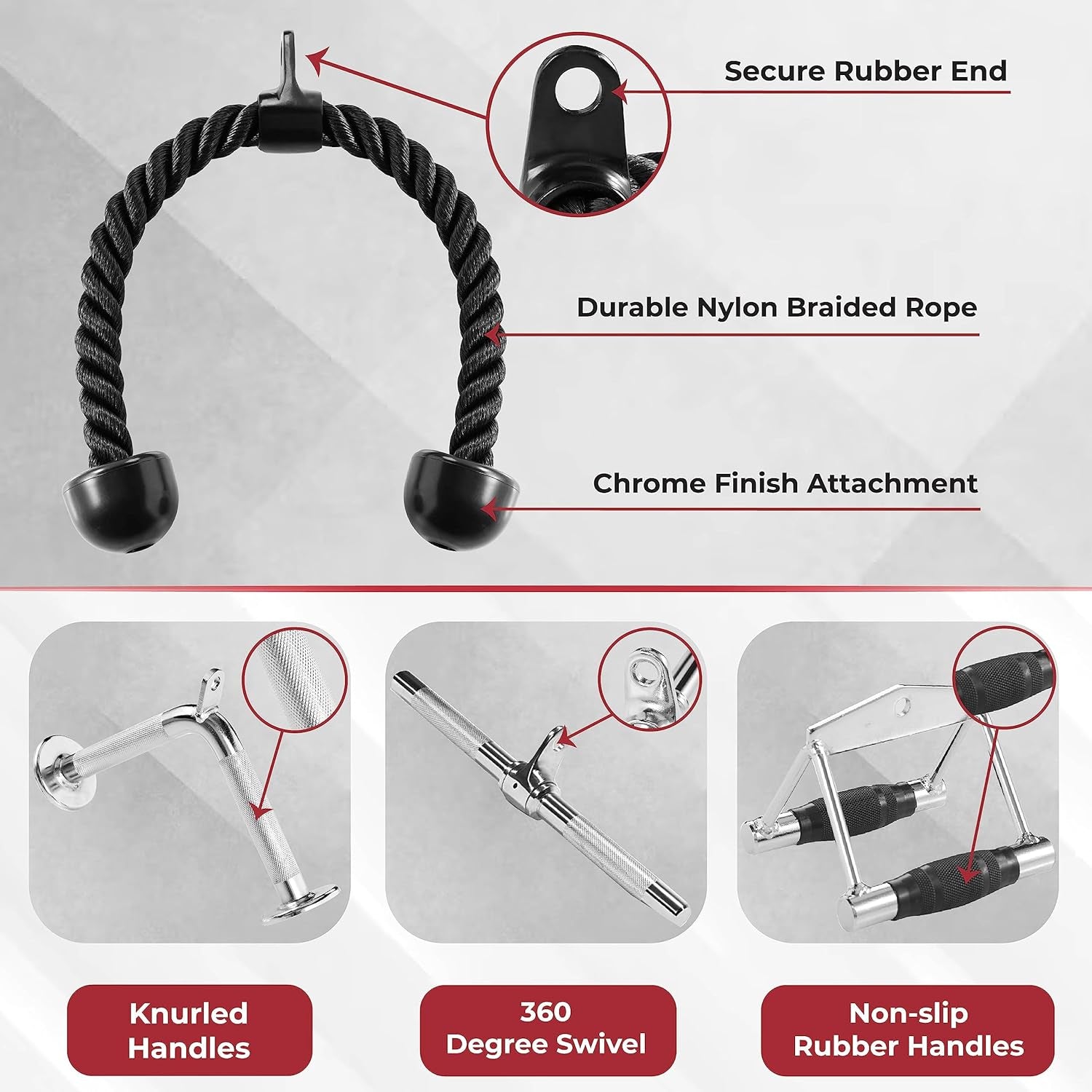 Cable Machine Attachment, Row Handles, Tricep Rope, Straight Bar, V Bar Accessories