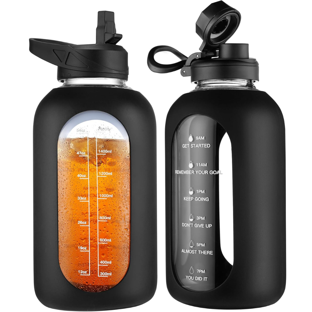 CIVAGO 64 oz Glass Water Bottle Jug with Straw and Handle