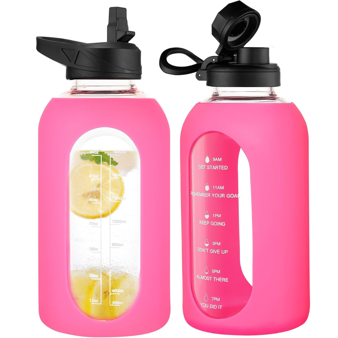 CIVAGO 64 oz Glass Water Bottle Jug with Straw and Handle