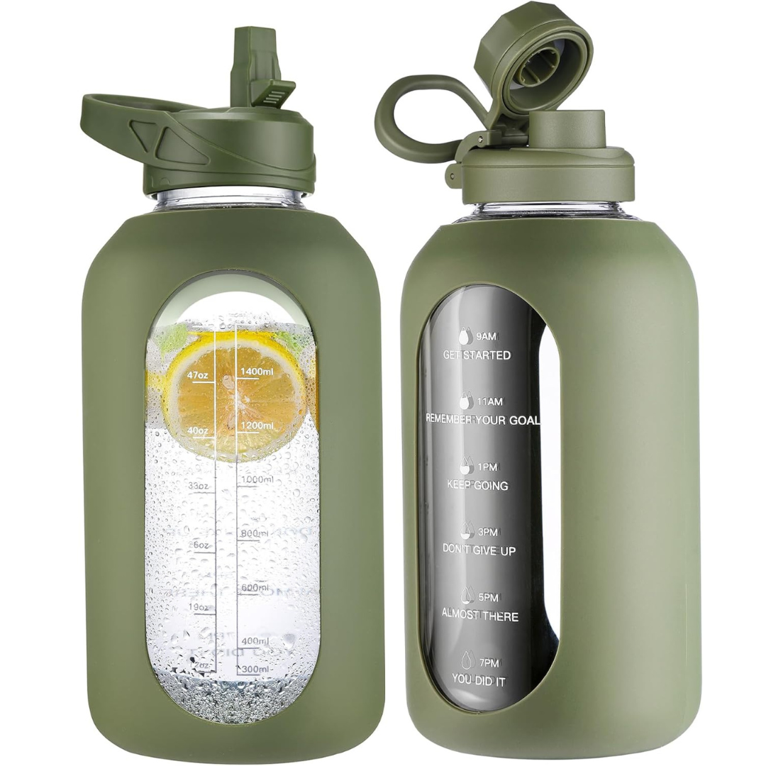 CIVAGO 64 oz Glass Water Bottle Jug with Straw and Handle