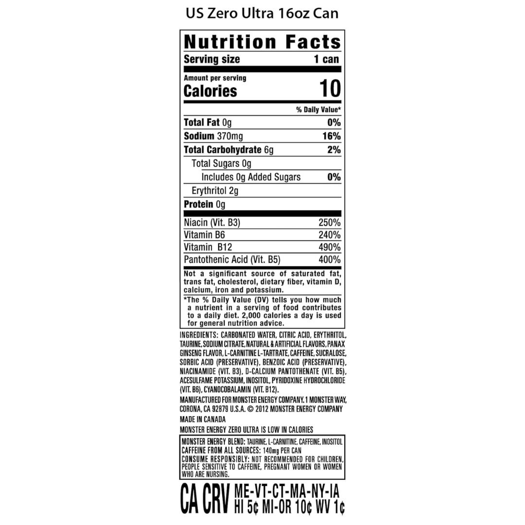 Monster Energy Zero Ultra, Sugar Free Energy Drink, 16 Ounce