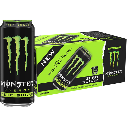 Monster Energy Zero Sugar Drink, Green, Original, 16 Ounce (Pack of 15)