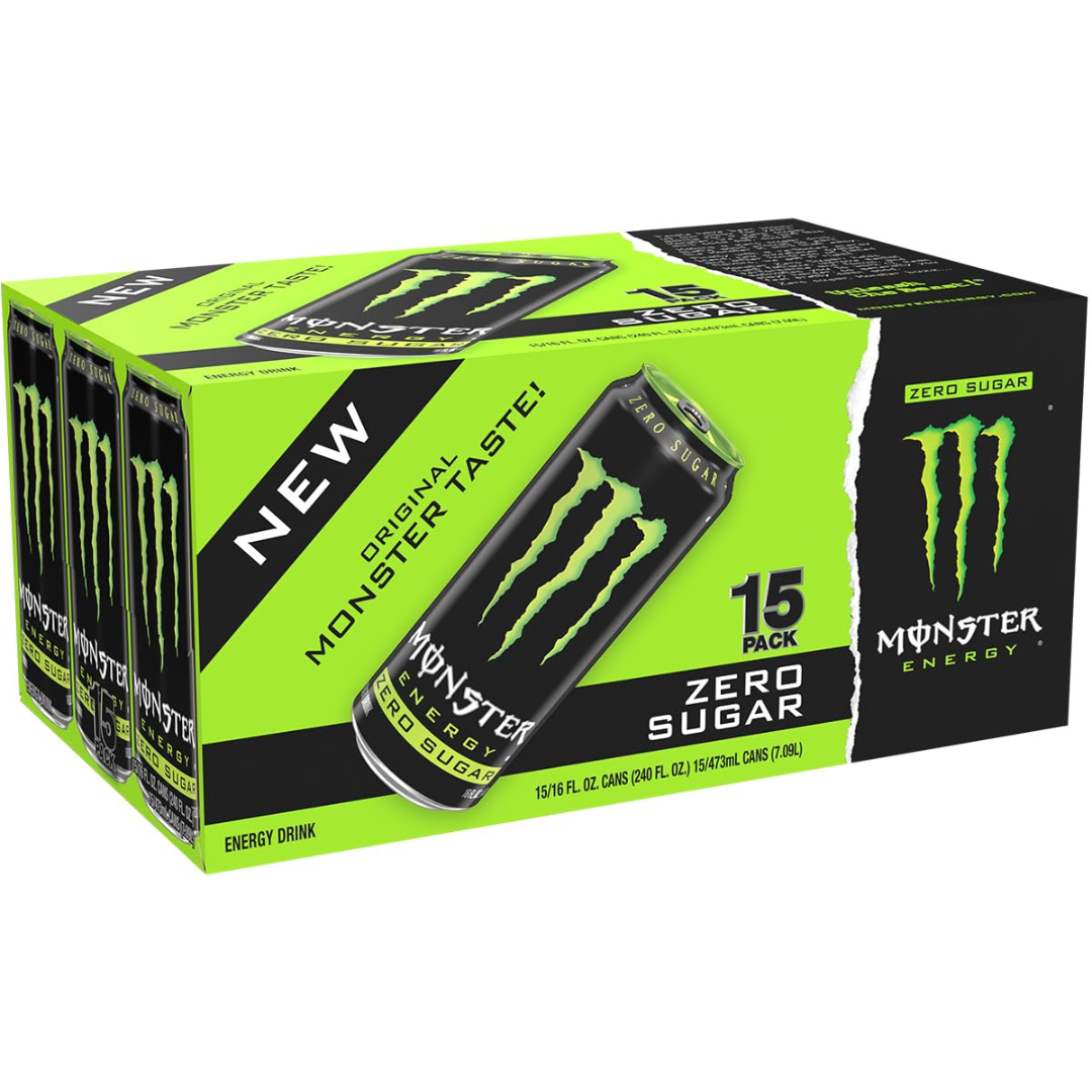 Monster Energy Zero Sugar Drink, Green, Original, 16 Ounce (Pack of 15)