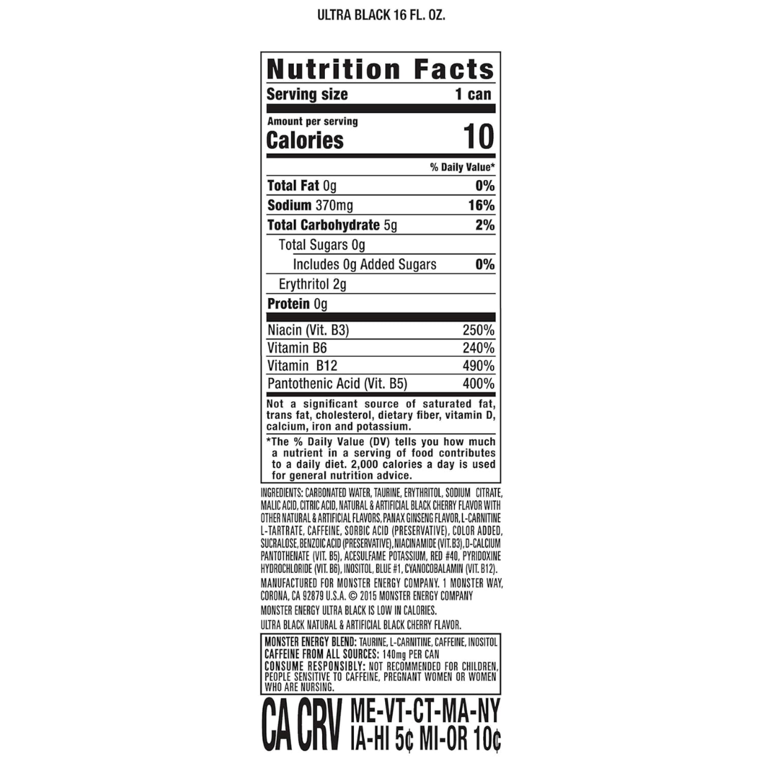 Monster Energy Ultra Black, Sugar Free Energy Drink, 16 Ounce | Pack of 15