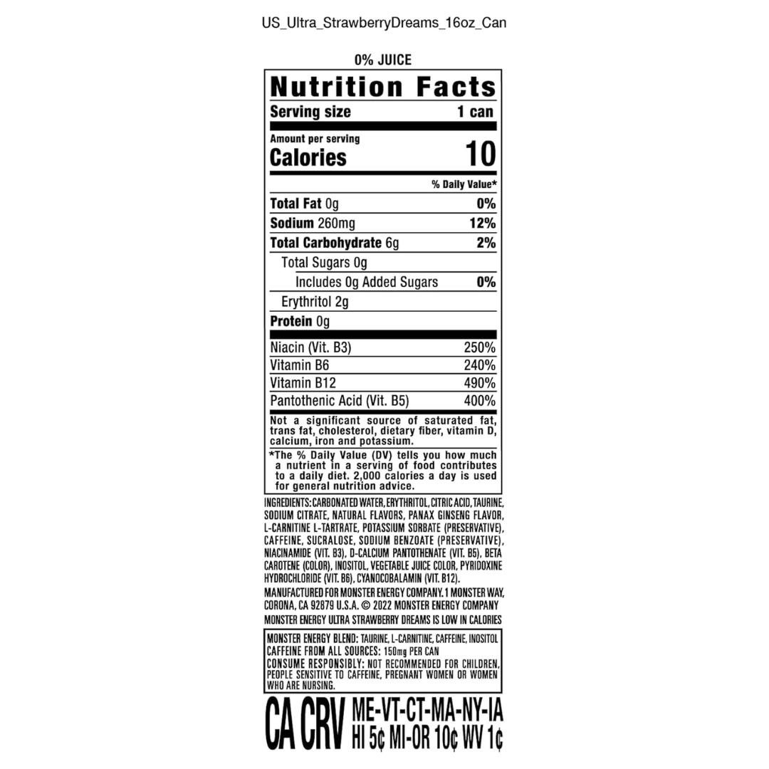 Monster Energy Ultra Strawberry Dreams, Sugar Free Energy Drink, 16 Ounce | Pack of 15