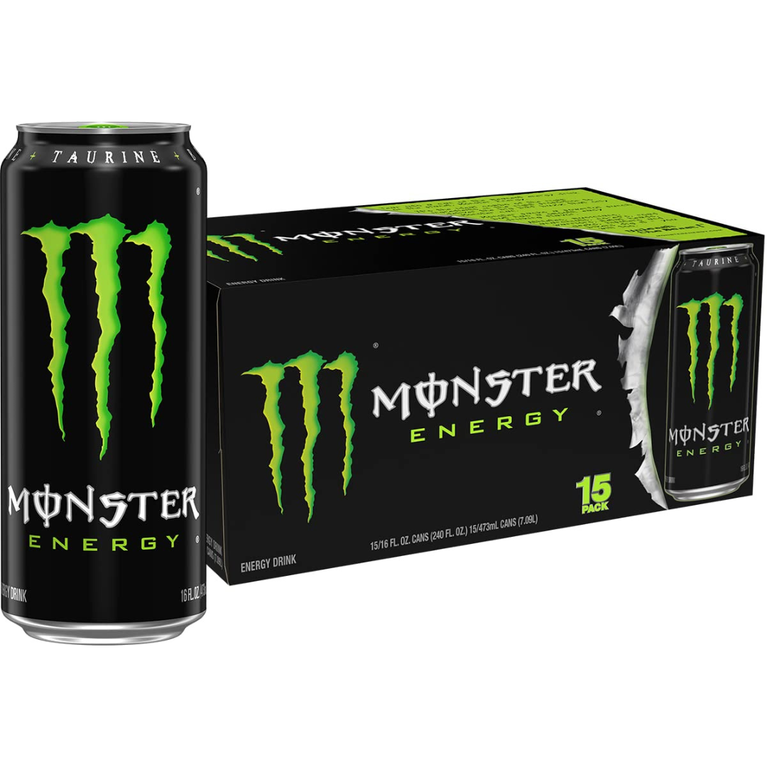 Monster Energy drink can and box on a white background