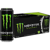 Monster Energy drink can and box on a white background