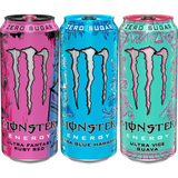 Three Monster Energy drink cans lined up side by side on a white background. The left can is Ruby Red in pink, the middle can is Blue Hawaii in bright blue, and the right can is Vice Guava in mint green with pink graphics.