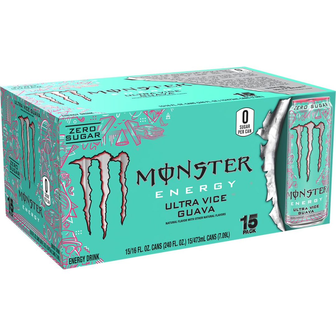 Monster Energy Ultra Vice Guava, Sugar Free Energy Drink, 16 Ounce (Pack of 15)
