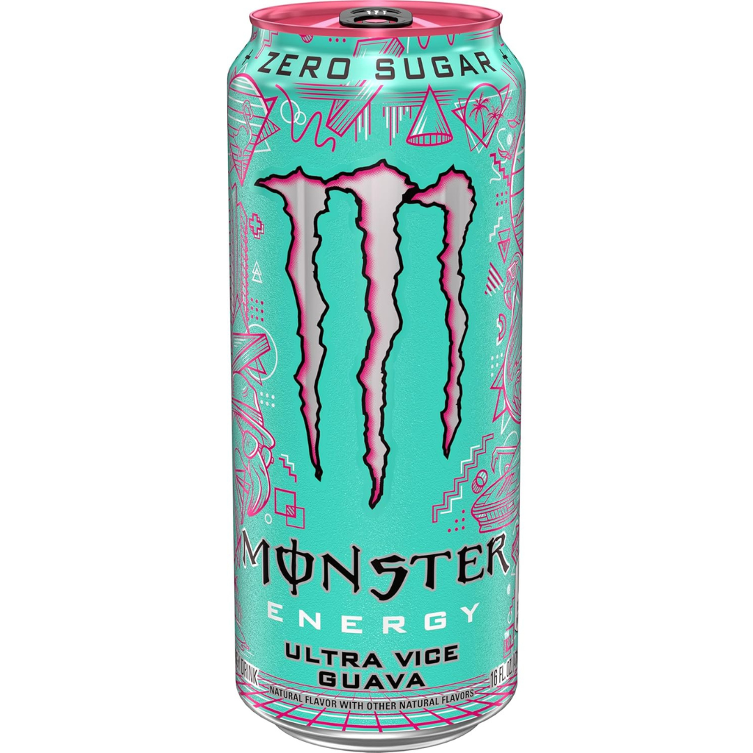Monster Energy Ultra Vice Guava can with pink and black design on a white background