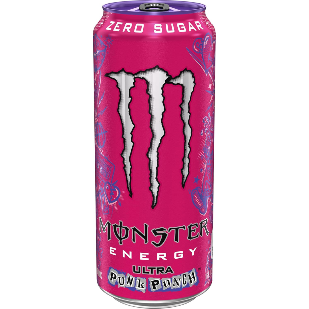 Pink can of Monster Energy Ultra Punk Punch Zero Sugar on a white background