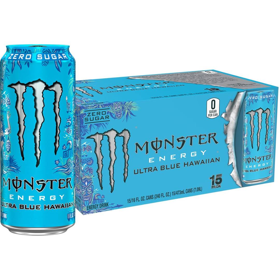 Monster Energy Ultra Blue Hawaiian, Sugar Free Energy Drink, 16 Ounce (Pack of 15)