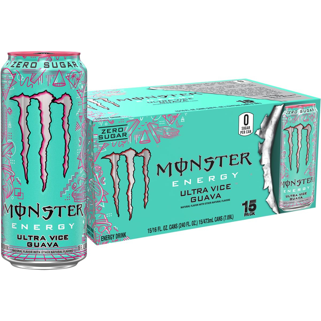Monster Energy Ultra Vice Guava, Sugar Free Energy Drink, 16 Ounce (Pack of 15)