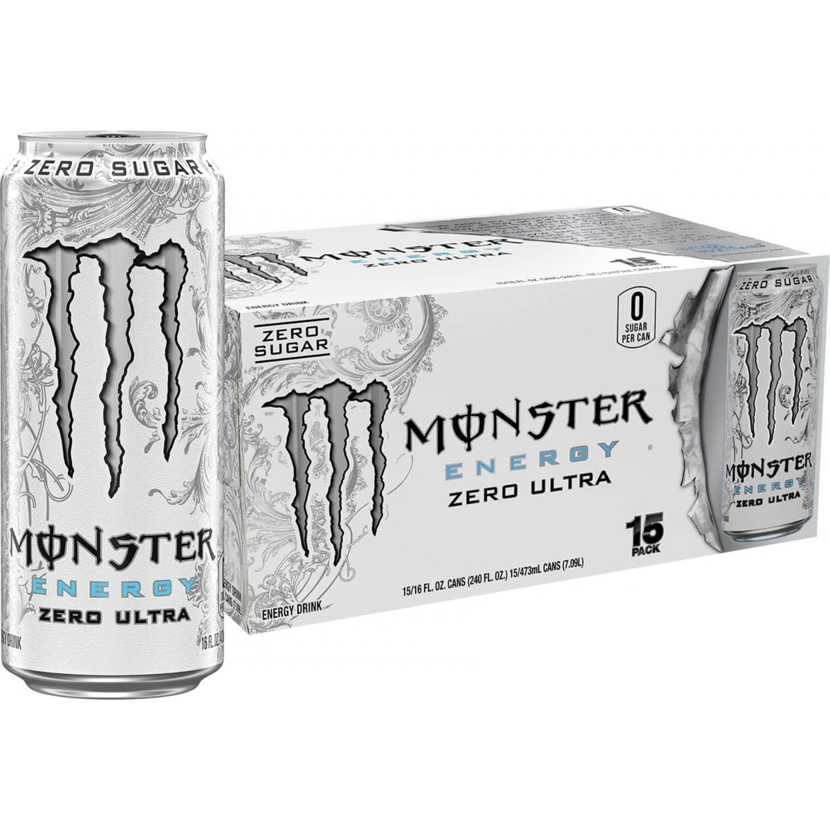 Monster Energy Zero Ultra energy drink can and box on a white background