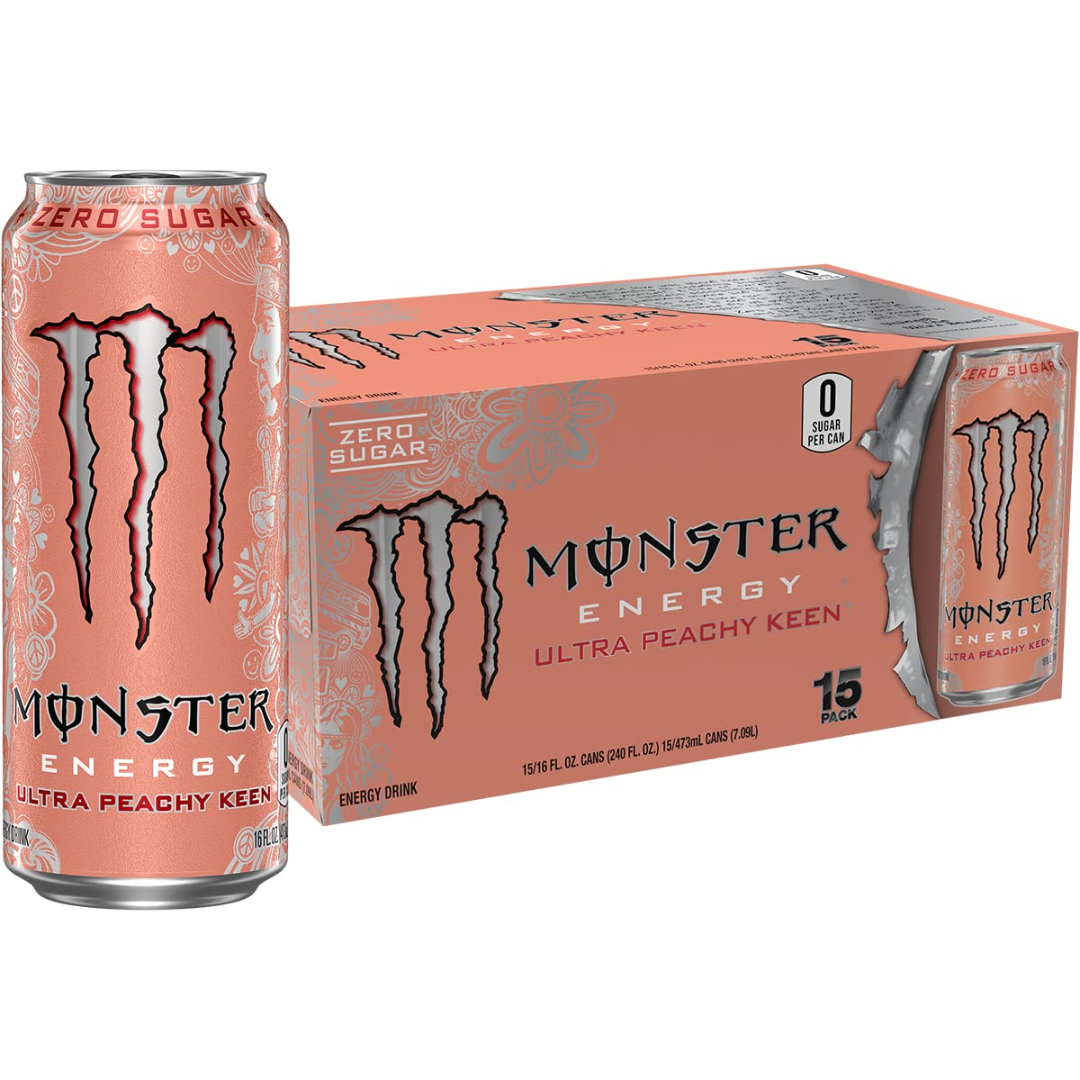 Monster Energy Ultra Peachy Keen can and box on a white background