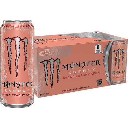 Monster Energy Ultra Peachy Keen can and box on a white background