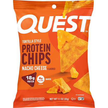 Orange package of Quest Tortilla Style Protein Chips with nacho cheese flavor on a white background