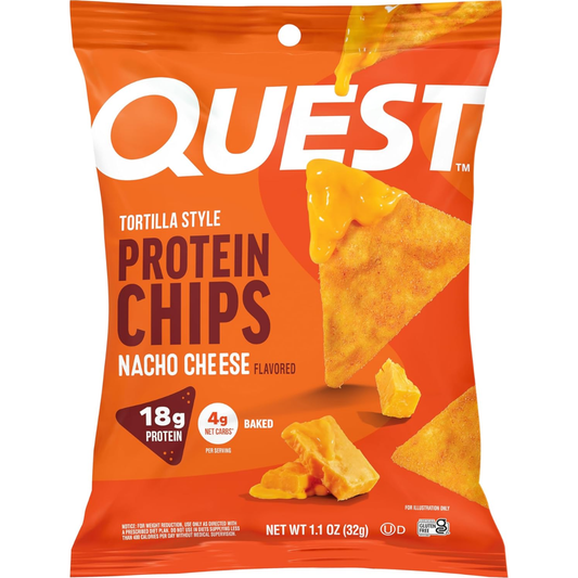 Orange package of Quest Tortilla Style Protein Chips with nacho cheese flavor on a white background