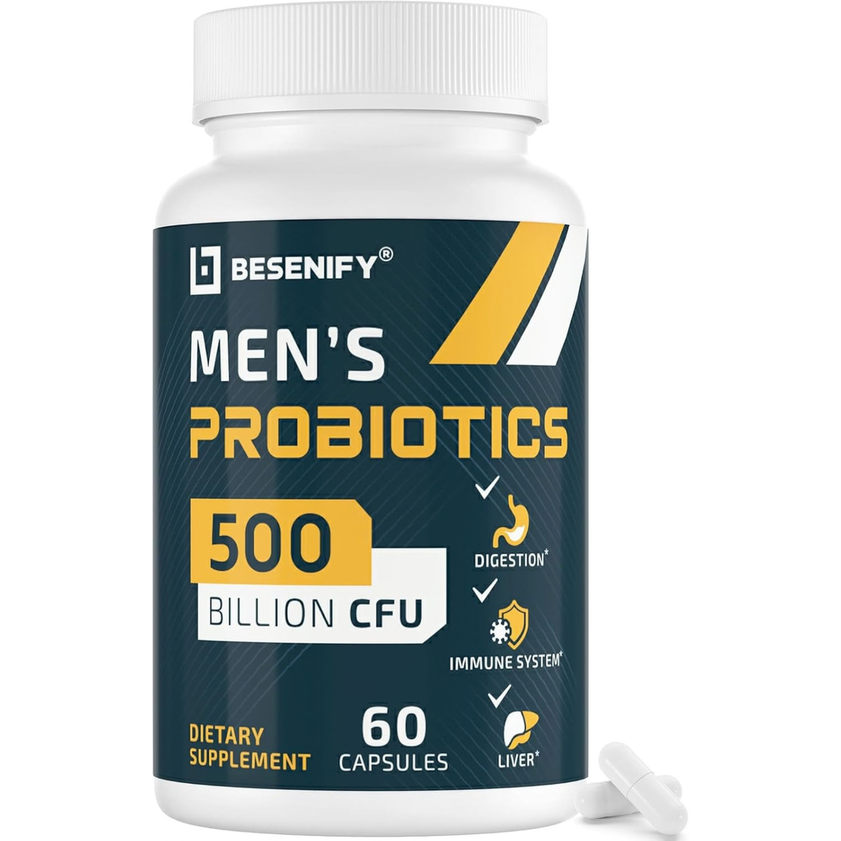 A white plastic bottle of BeSENIFY Men's Probiotics dietary supplement with a dark teal label, shown on a clean white background with two loose capsules at the base.