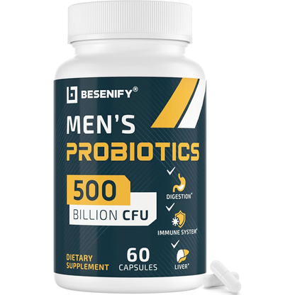 A white plastic bottle of BeSENIFY Men's Probiotics dietary supplement with a dark teal label, shown on a clean white background with two loose capsules at the base.