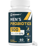 A white plastic bottle of BeSENIFY Men's Probiotics dietary supplement with a dark teal label, shown on a clean white background with two loose capsules at the base.