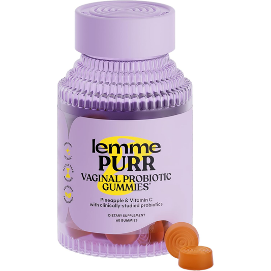 A bottle of Lemme Purr Vaginal Probiotic Gummies with a matching lavender-purple cap and label, shown on a clean white background with two orange gummies placed in front.