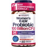 A bottle of Wholesome Wellness Women's Raw Probiotic dietary supplement with 100 billion CFU, featuring a white label with red and blue text and a dark blue cap, on a white background.