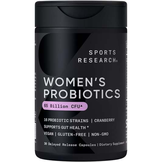 A black plastic bottle of Sports Research Women's Probiotics with a matching black cap, featuring white text and a small lavender accent label on a plain white background.