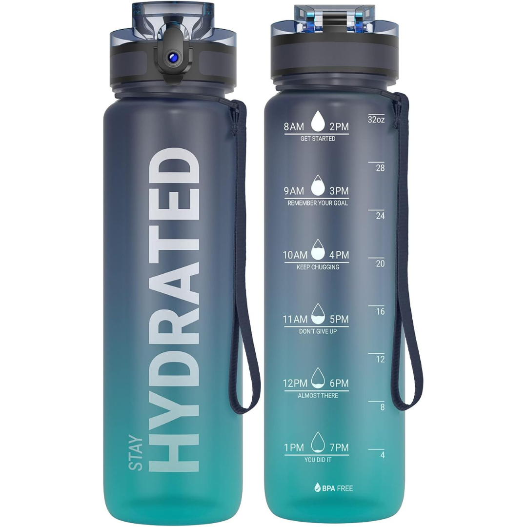 Two gray and teal water bottles with 'Stay Hydrated' text and time markings on a white background.