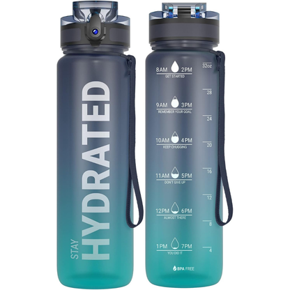 Two gray and teal water bottles with 'Stay Hydrated' text and time markings on a white background.