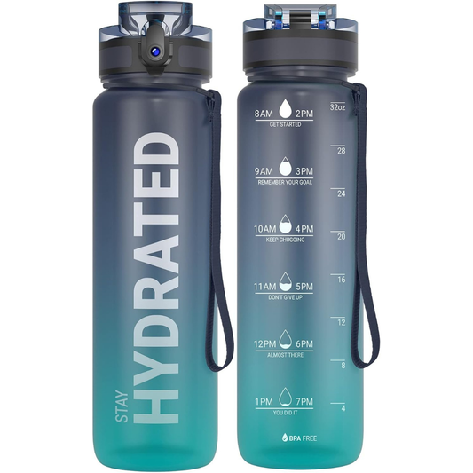 Two gray and teal water bottles with 'Stay Hydrated' text and time markings on a white background.