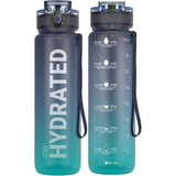 Two gray and teal water bottles with 'Stay Hydrated' text and time markings on a white background.