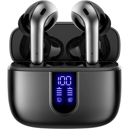 Black wireless earbuds with charging case and digital display on a white background