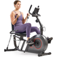 Woman exercising on a recumbent bike with a smartphone mounted on the handlebar.