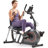 Woman exercising on a recumbent bike with a smartphone mounted on the handlebar.
