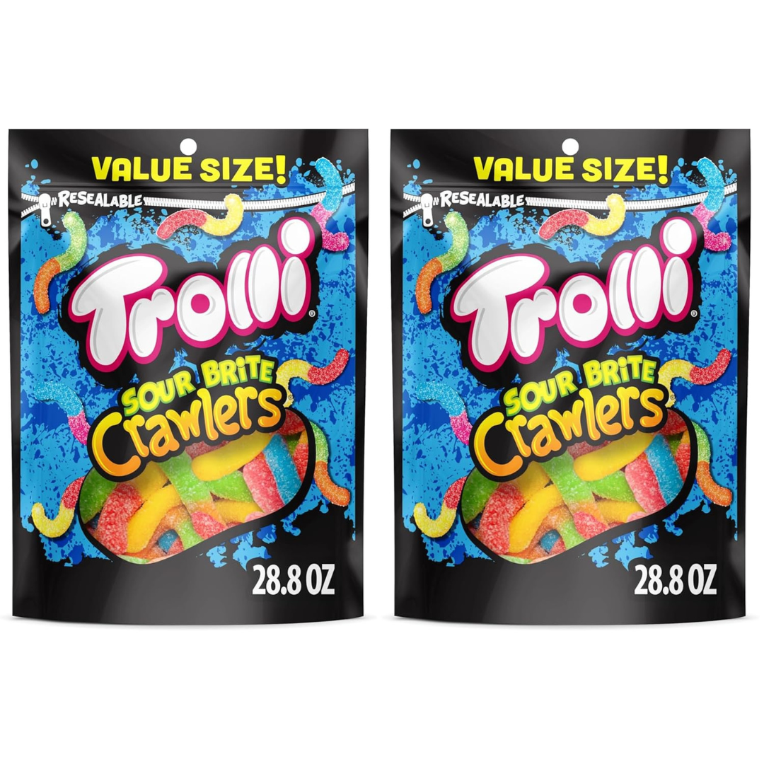 Trolli Sour Brite Crawlers, Candy, Cherry-Lemon, Strawberry-Grape & Orange-Lime, Sweet and Sour, Gummy Worms, Halloween Treat, 28.8 Oz