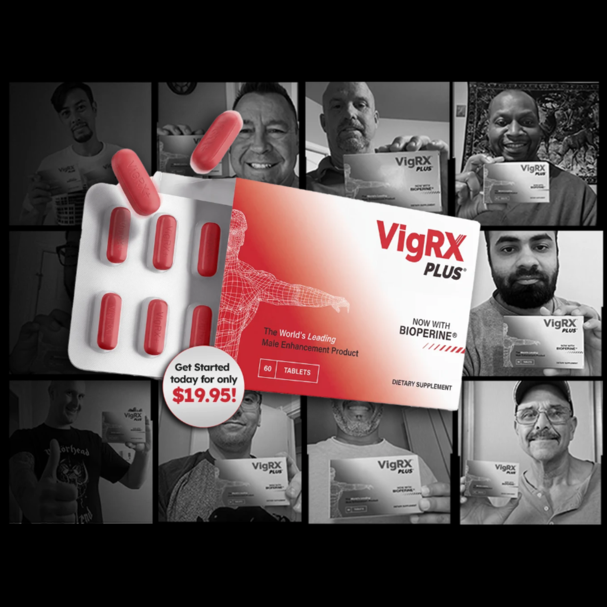 VigRX Plus dietary supplement packaging and blister pack shown prominently over a collage of black-and-white customer testimonials. The main product display includes a red-and-white box labeled 'VigRX PLUS' and a white blister pack with red capsules.
