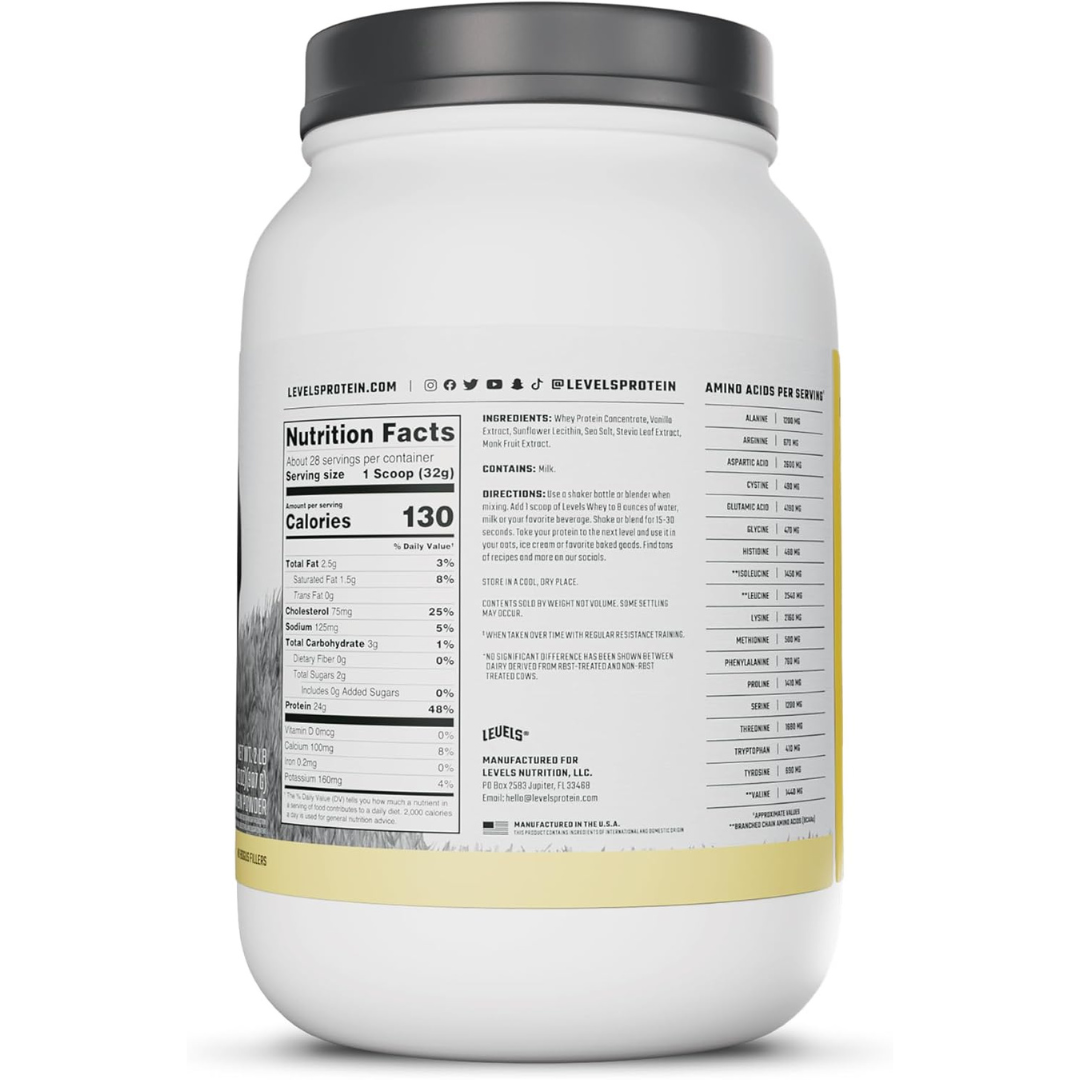 Levels Grass Fed Whey Protein Powder, No Artificials, 24G of Protein, 2LB