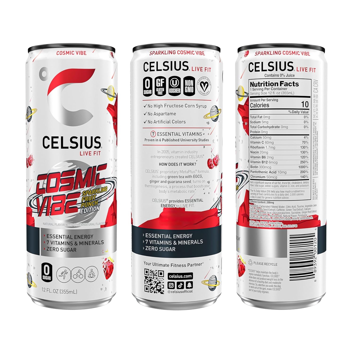 CELSIUS COSMIC VIBE Sparkling Fruit Punch, Sugar Free Energy Drink, 12 Fl Oz (Pack of 12)