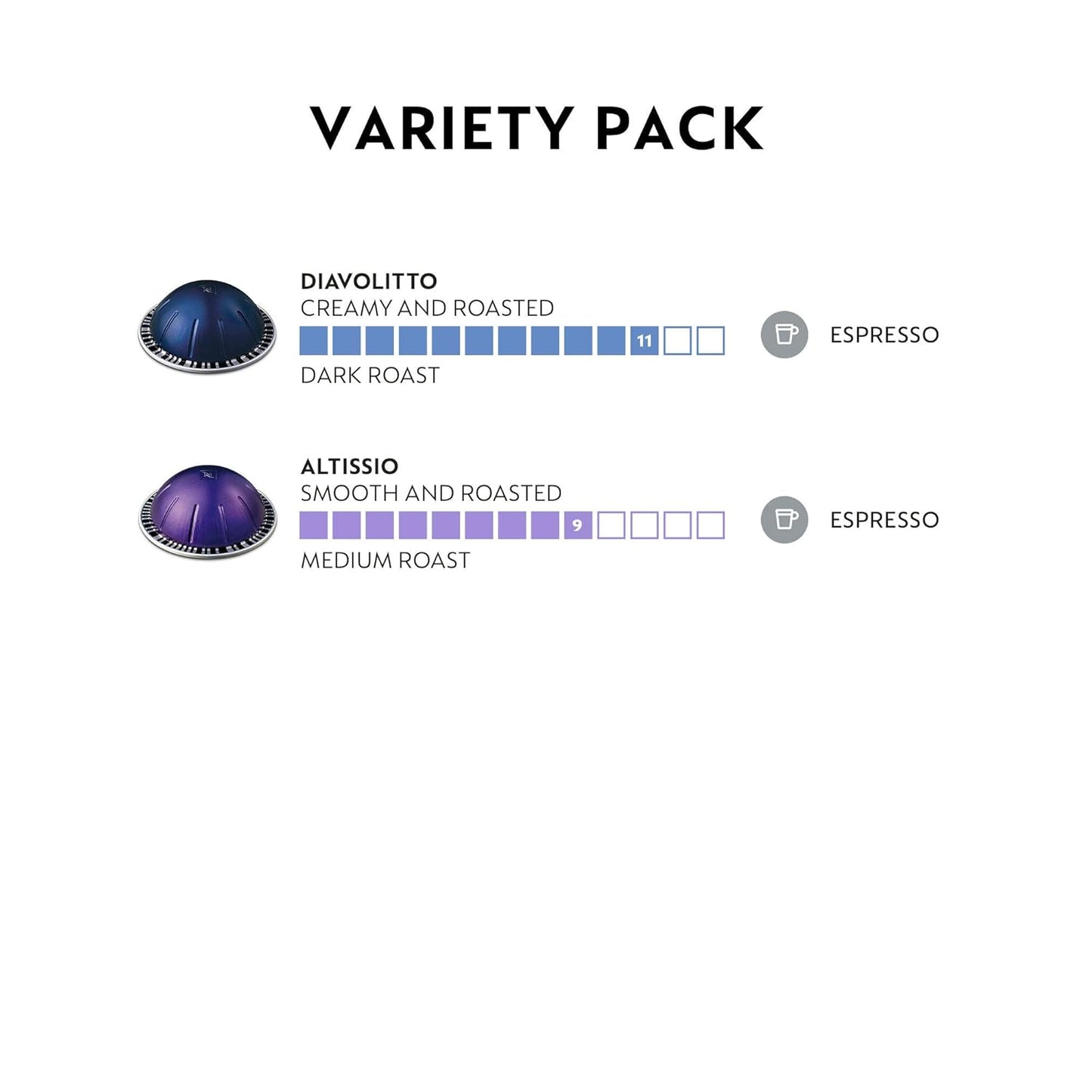 Nespresso Capsules Vertuo, Espresso Bold Variety Pack, Medium and Dark Roast Espresso Coffee, Brews 1.35oz.
