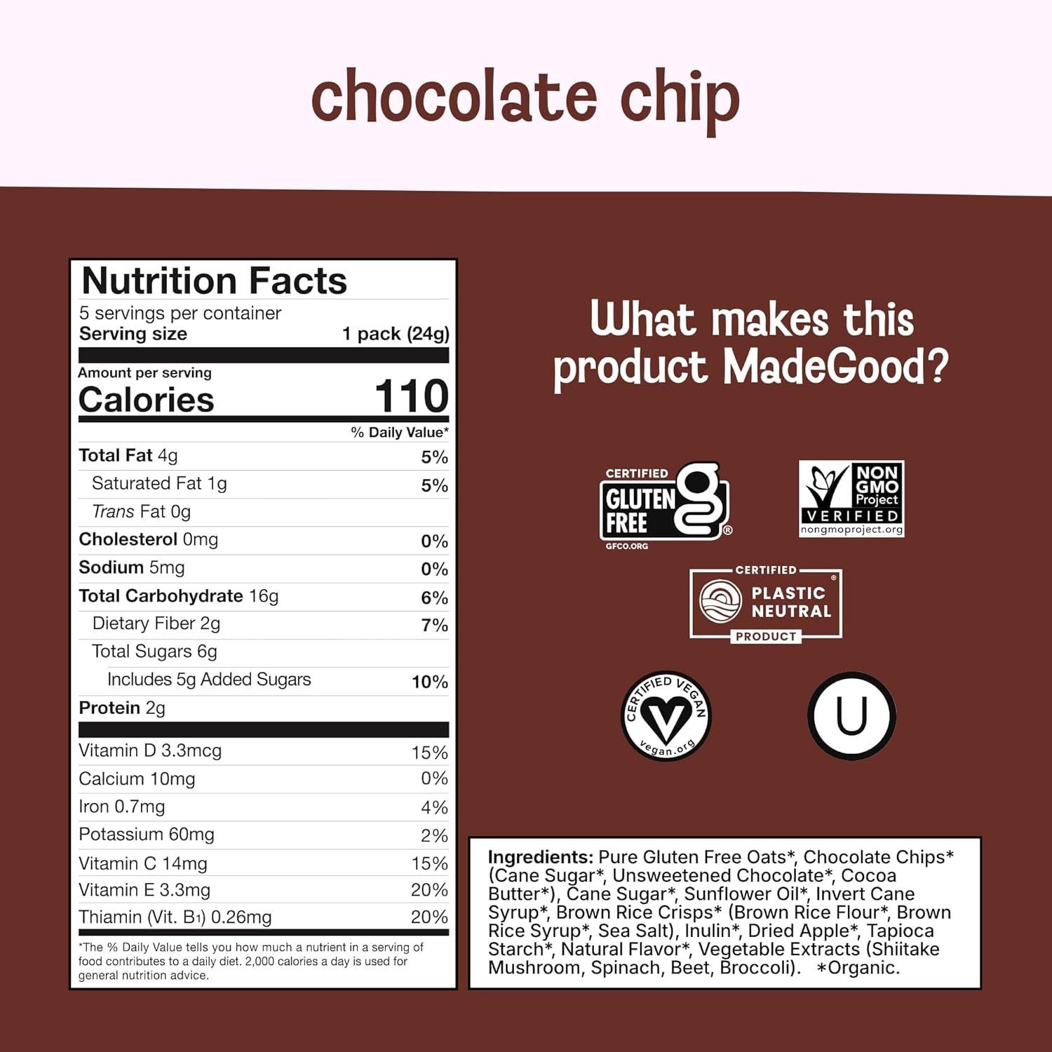 Madegood Organic Chocolate Chip Granola Bites, 5Ct X 0.85Oz