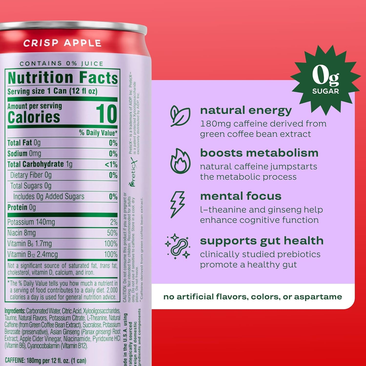 Bloom Nutrition Sparkling Energy Drink - Natural Caffeine, Zero Sugar, 180Mg Caffeine - Crisp Apple - 12oz 12 Pack