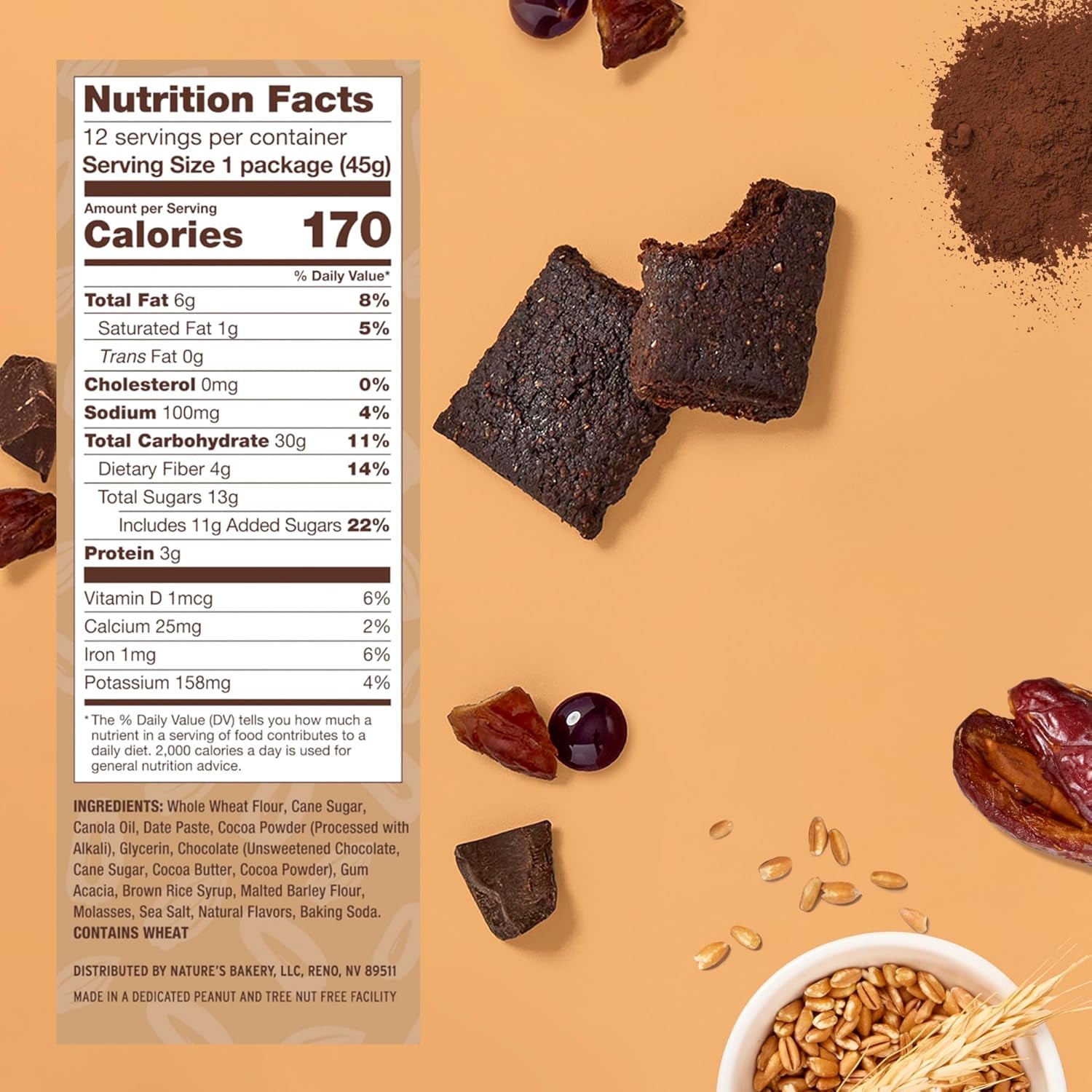 Nature’S Bakery Double Chocolate Brownie Bars, Whole Grains, Dates, and Cocoa, Plant Based, Dairy-Free, Snack Bar, Box of 12 Twin Packs