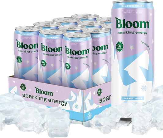 Bloom Nutrition Sparkling Energy Drink - Natural Caffeine, Zero Sugar, 180Mg - Antioxidant-Rich with Green Coffee Bean, Green Tea Extract, Prebiotics - Glacier Crush - 12Oz 12 Pack