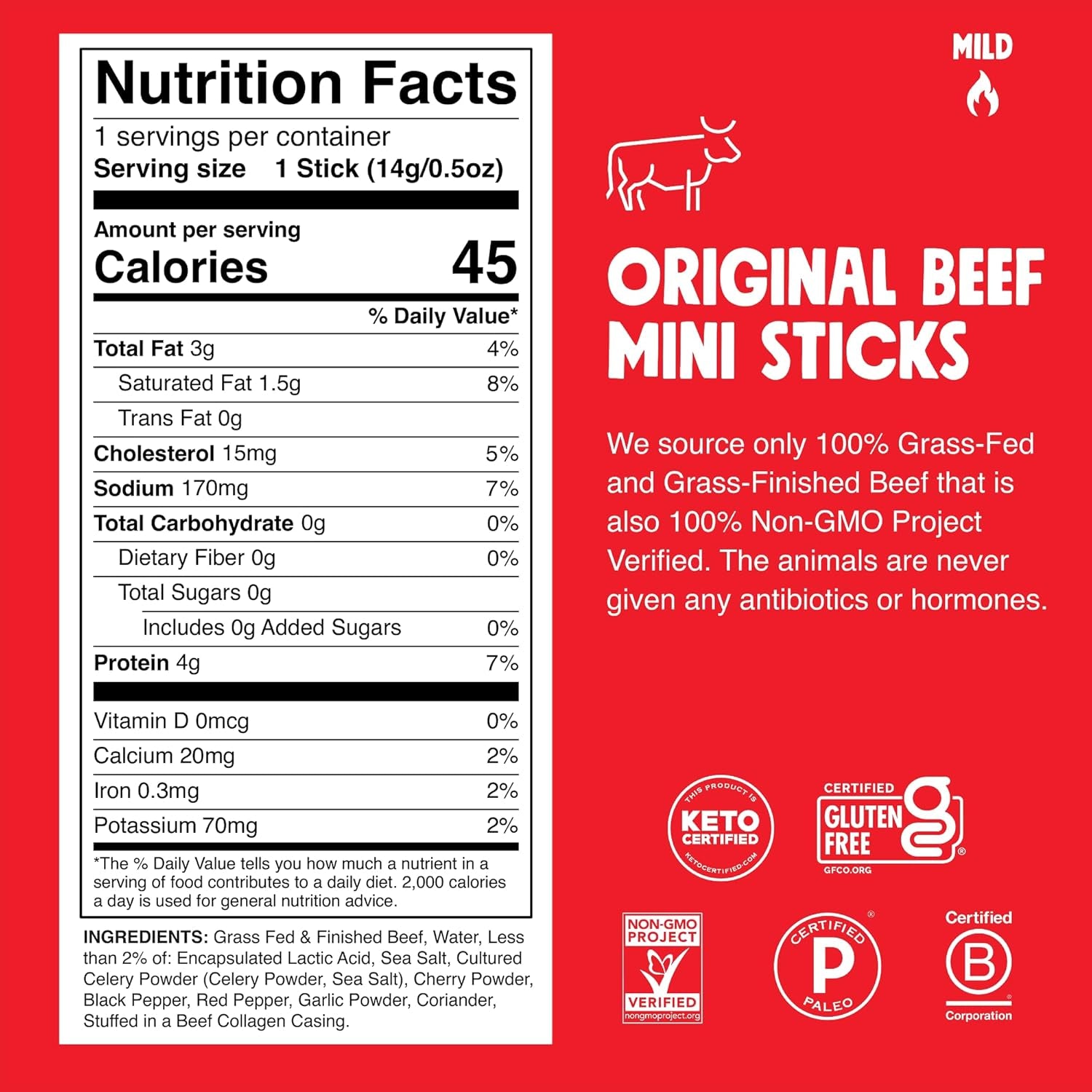 Chomps Snack Size Grass-Fed Original Beef Jerky Meat Sticks 0.5oz 24-Pack