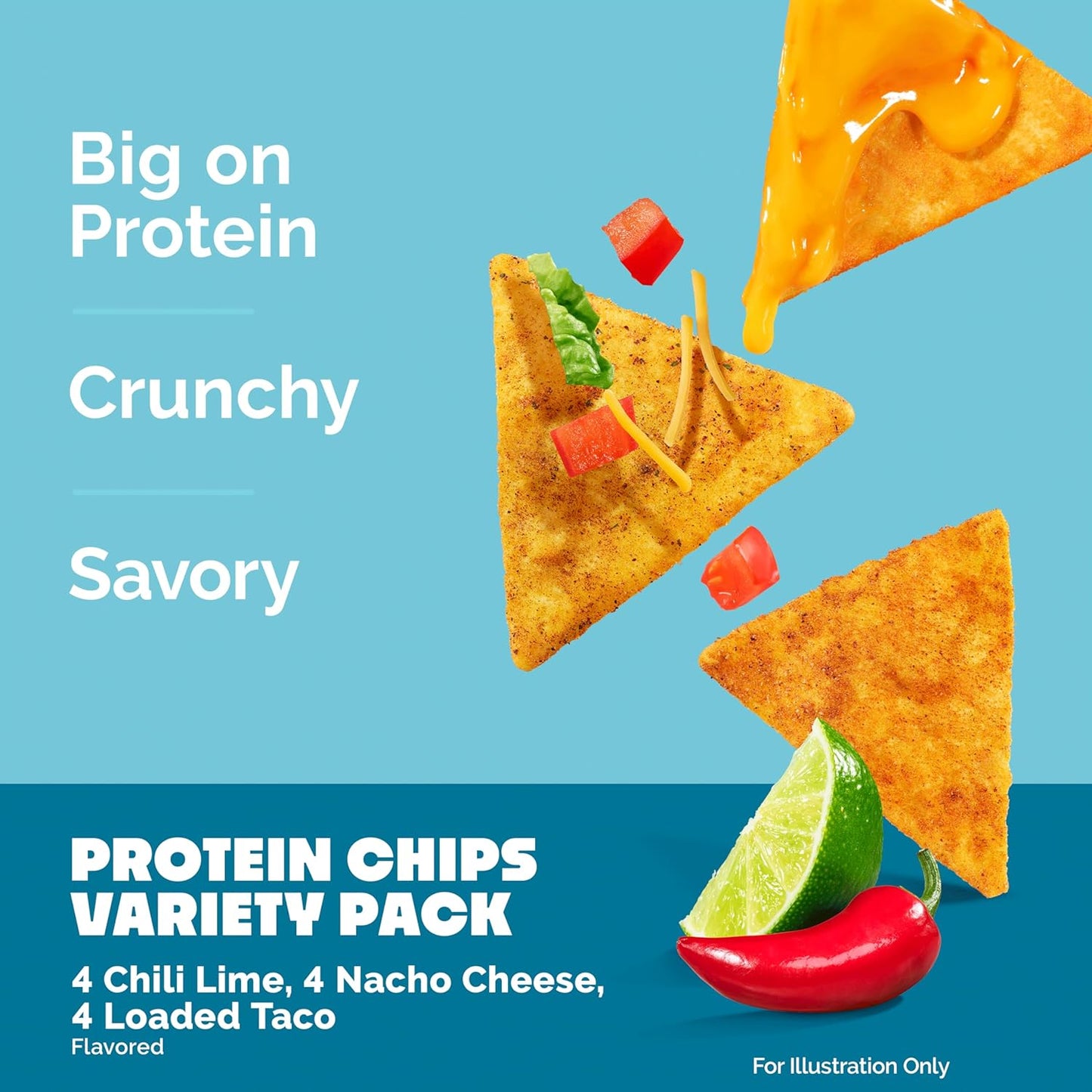 Nutrition Tortilla Style Protein Chips Variety Pack, Chili Lime, Nacho Cheese, Loaded Taco (Pack of 12)