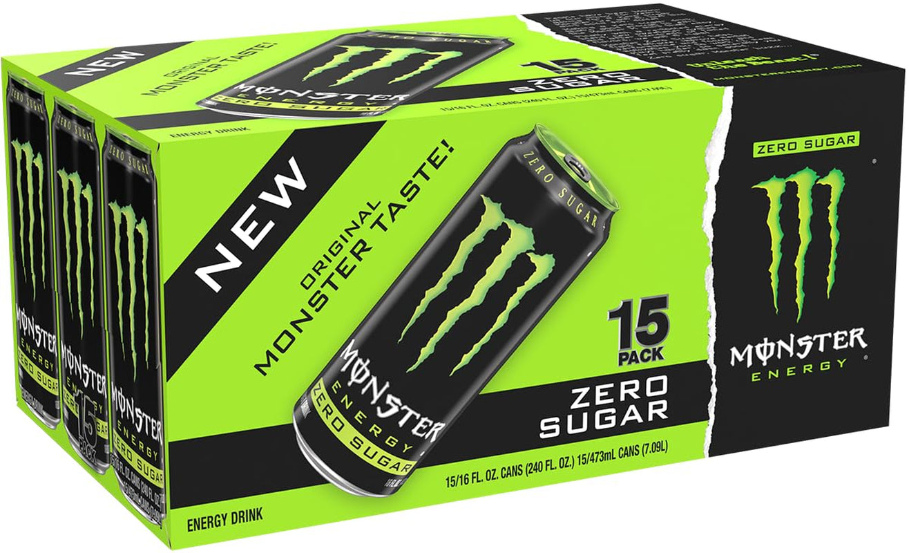 Monster Energy Zero Sugar Drink, Green, Original, 16 Ounce (Pack of 15)