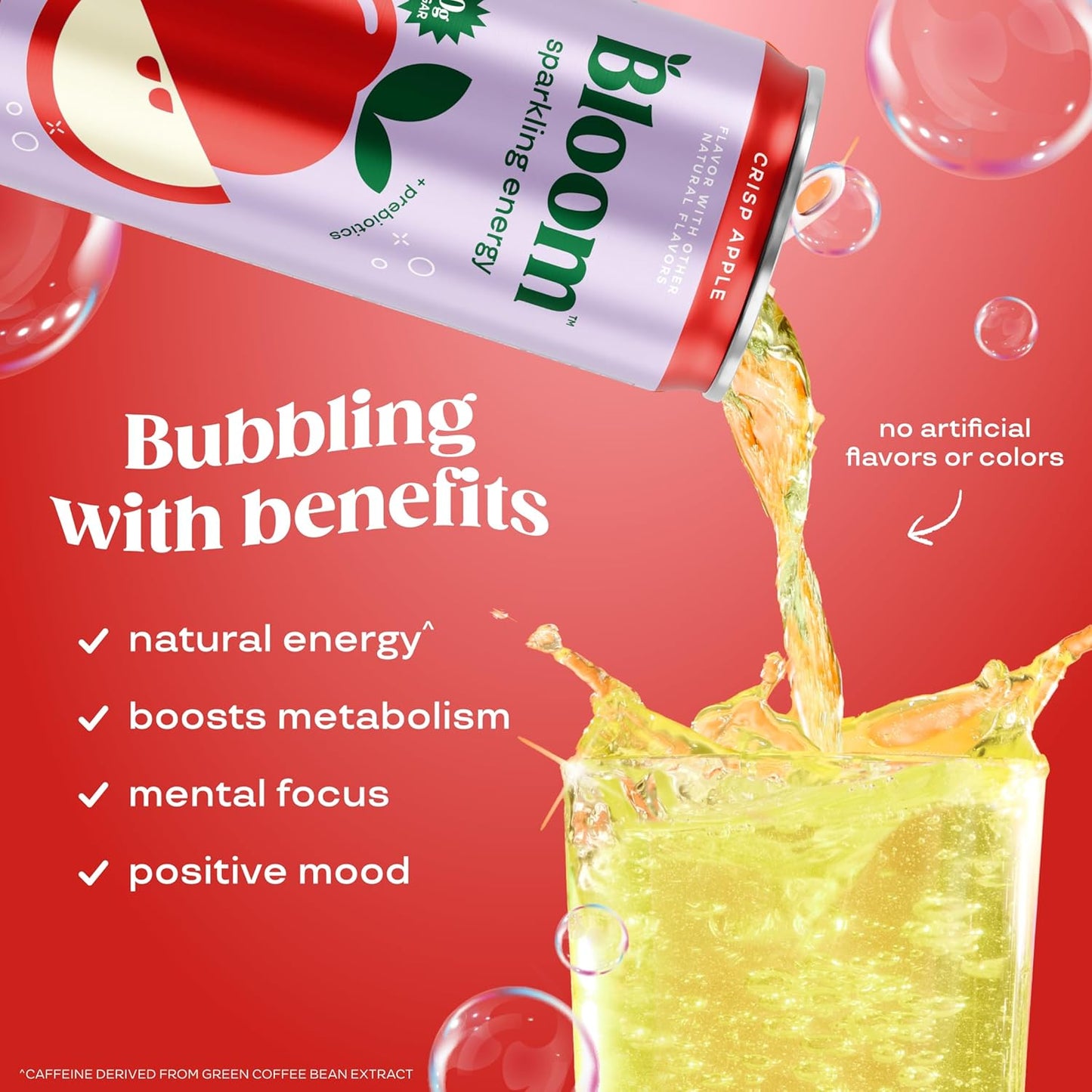 Bloom Nutrition Sparkling Energy Drink - Natural Caffeine, Zero Sugar, 180Mg Caffeine - Crisp Apple - 12oz 12 Pack